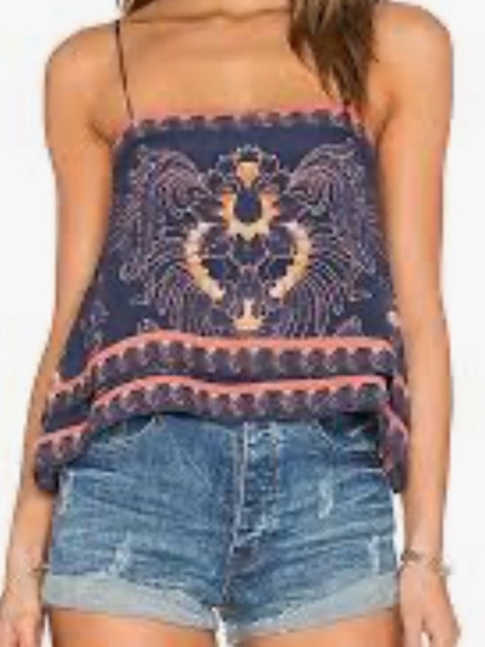 Free People Navy Floral Paisley Spaghetti-Strap Camisole with Coral Trim. 🔥 Fire